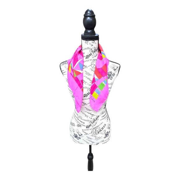 Vibrant Echo Geometric Abstract Silk Square Scarf Accessory Hot Pink Fuschia - Picture 2 of 5